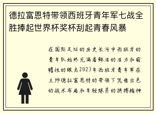 德拉富恩特带领西班牙青年军七战全胜捧起世界杯奖杯刮起青春风暴 德拉富恩特带领西班牙青年军七战全胜捧起世界杯奖杯刮起青春风暴